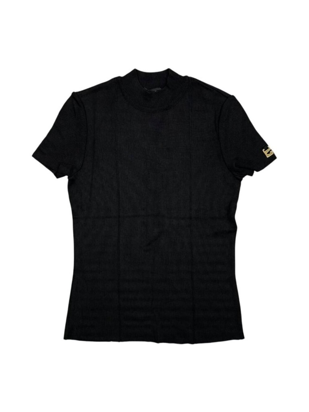 Gucci Short Sleeve Shirt Mock Neck Rayon Logo Black Gold